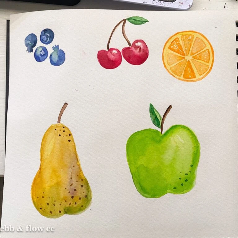 sketchbook spread with watercolor fruit