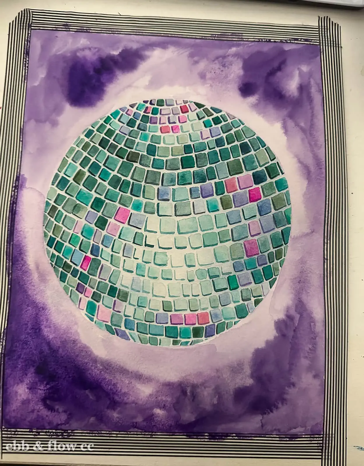 watercolor painting of disco ball in progress