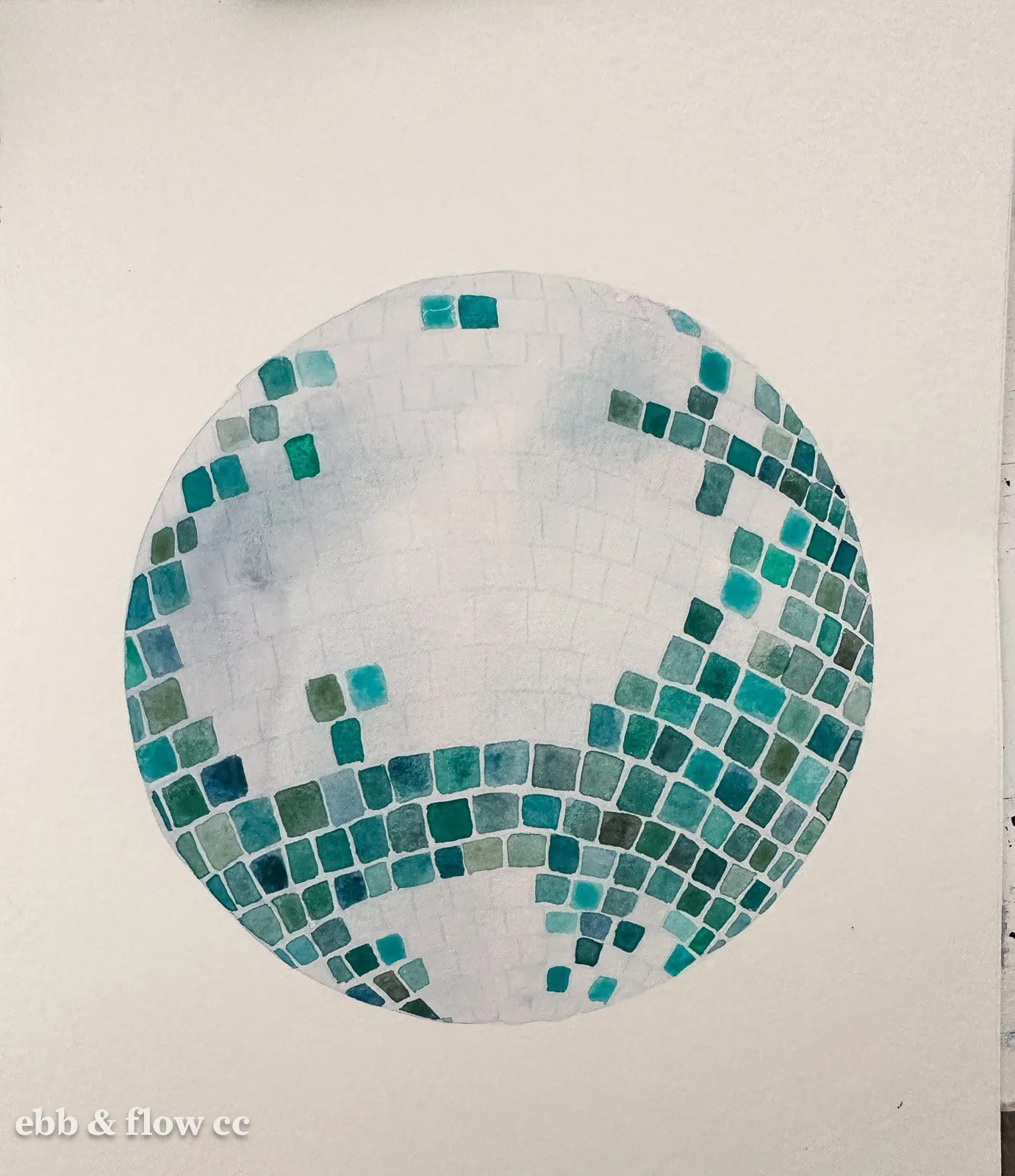 teal disco ball painting in progress