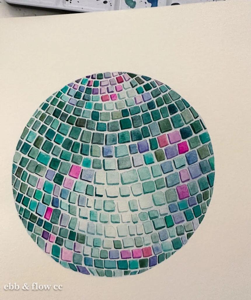 teal watercolor disco ball painting