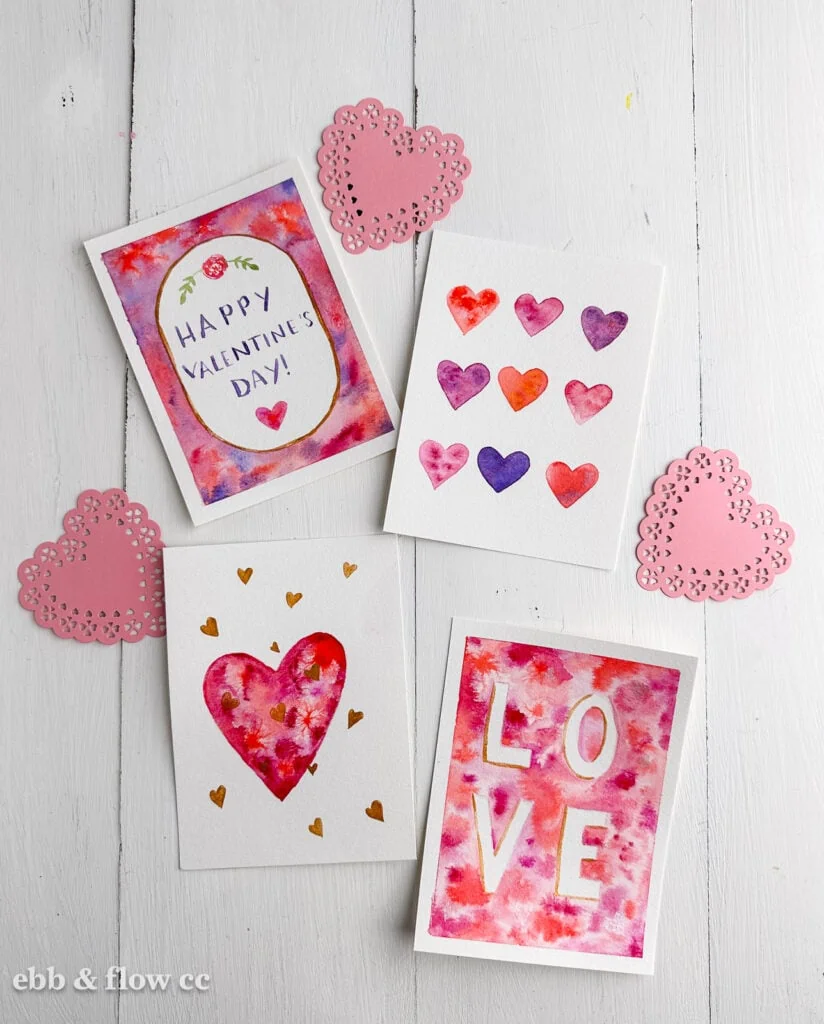 valentine cards painted with watercolors
