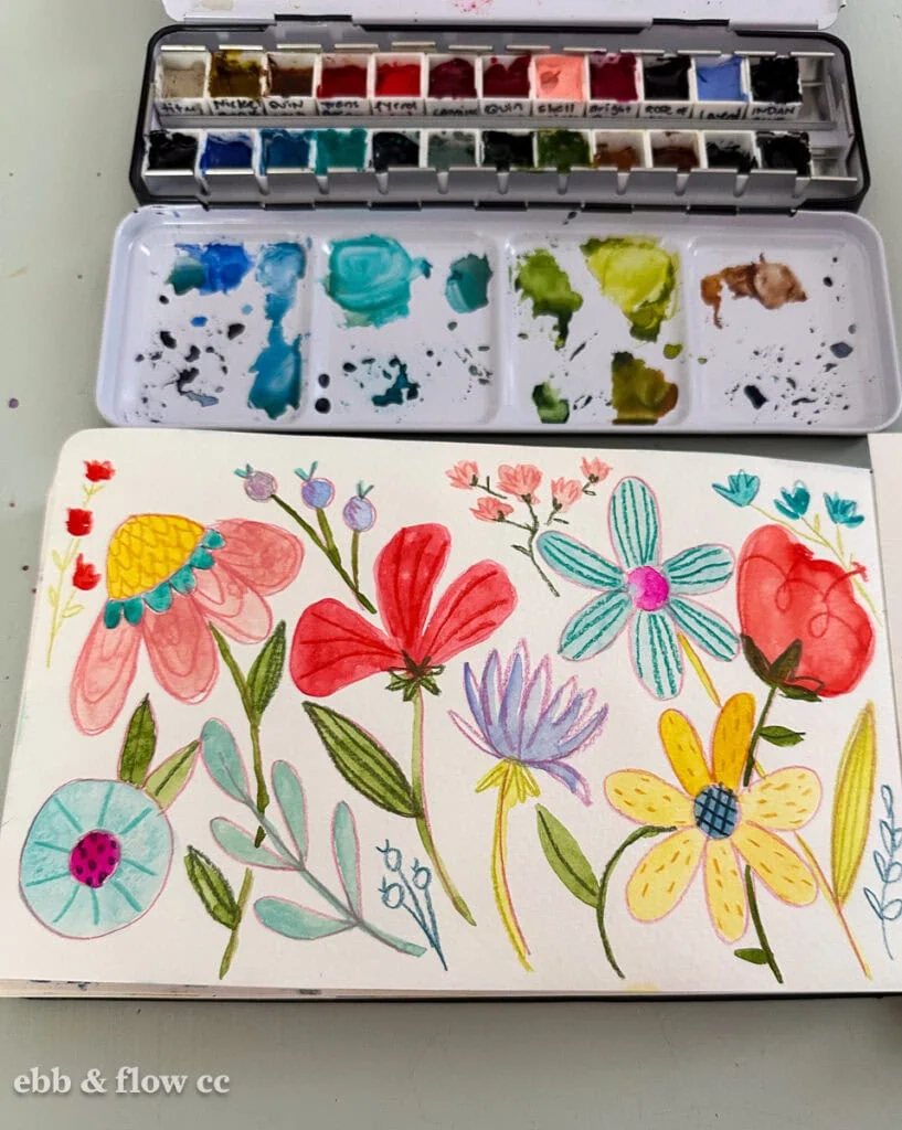 Whimsical watercolor flower painting with colored pencil details. 