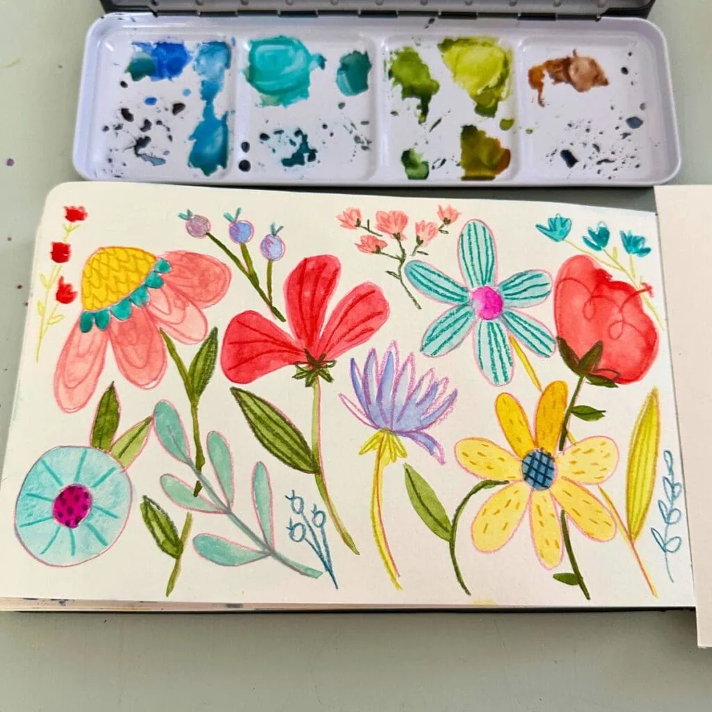 Colorful flowers painted with watercolor paint
