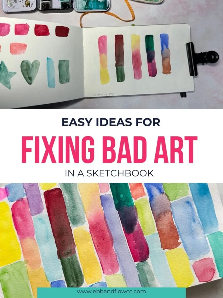 bad art before paint swatches and finished abstract watercolor shapes after collage