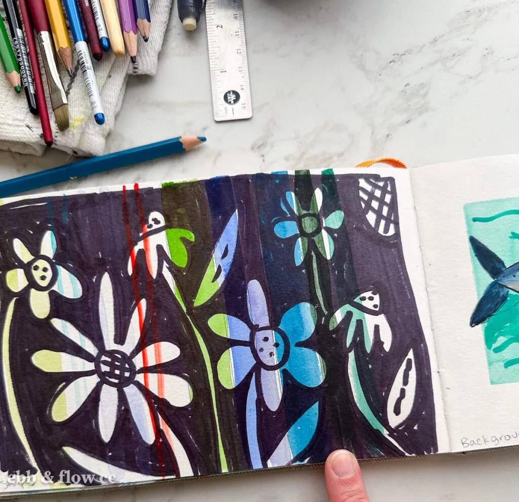 flower drawing over watercolor stripes
