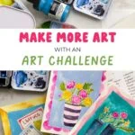 collage of art supplies and finished watercolor and gouache paintings