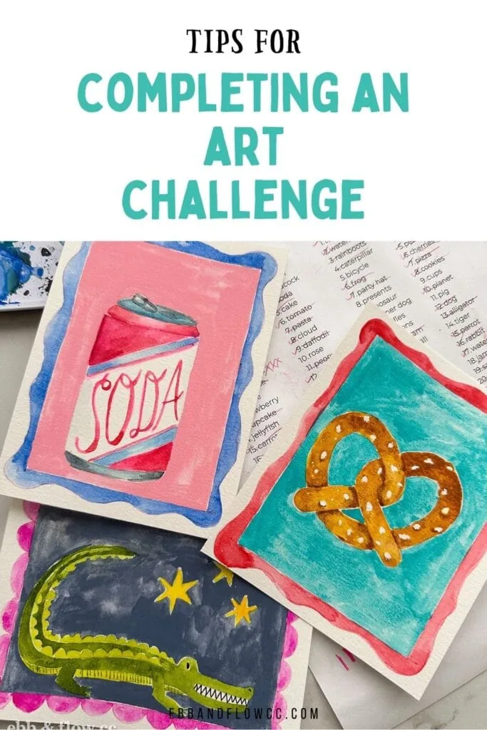 paintings of a soda can, pretzel and an alligator