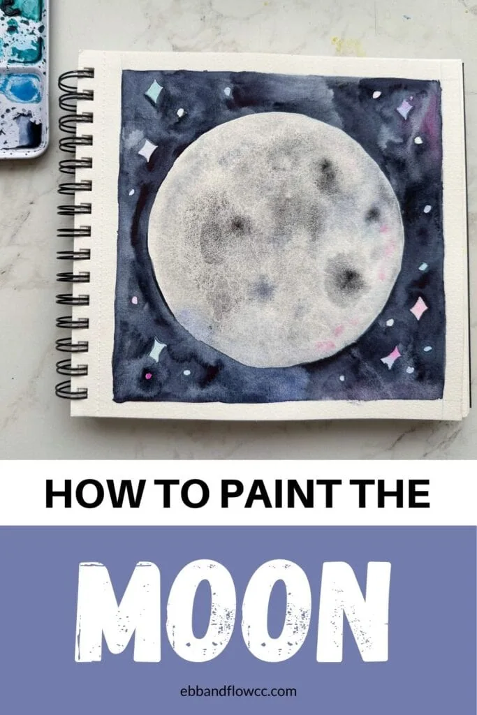 sketchbook with moon and night sky painted in watercolor