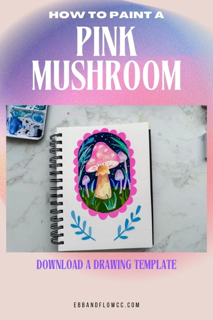 painting of a pink mushroom in sketchbook