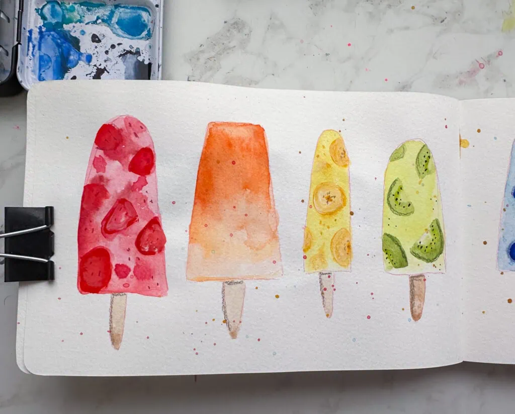 fruit popsicles painted in watercolor